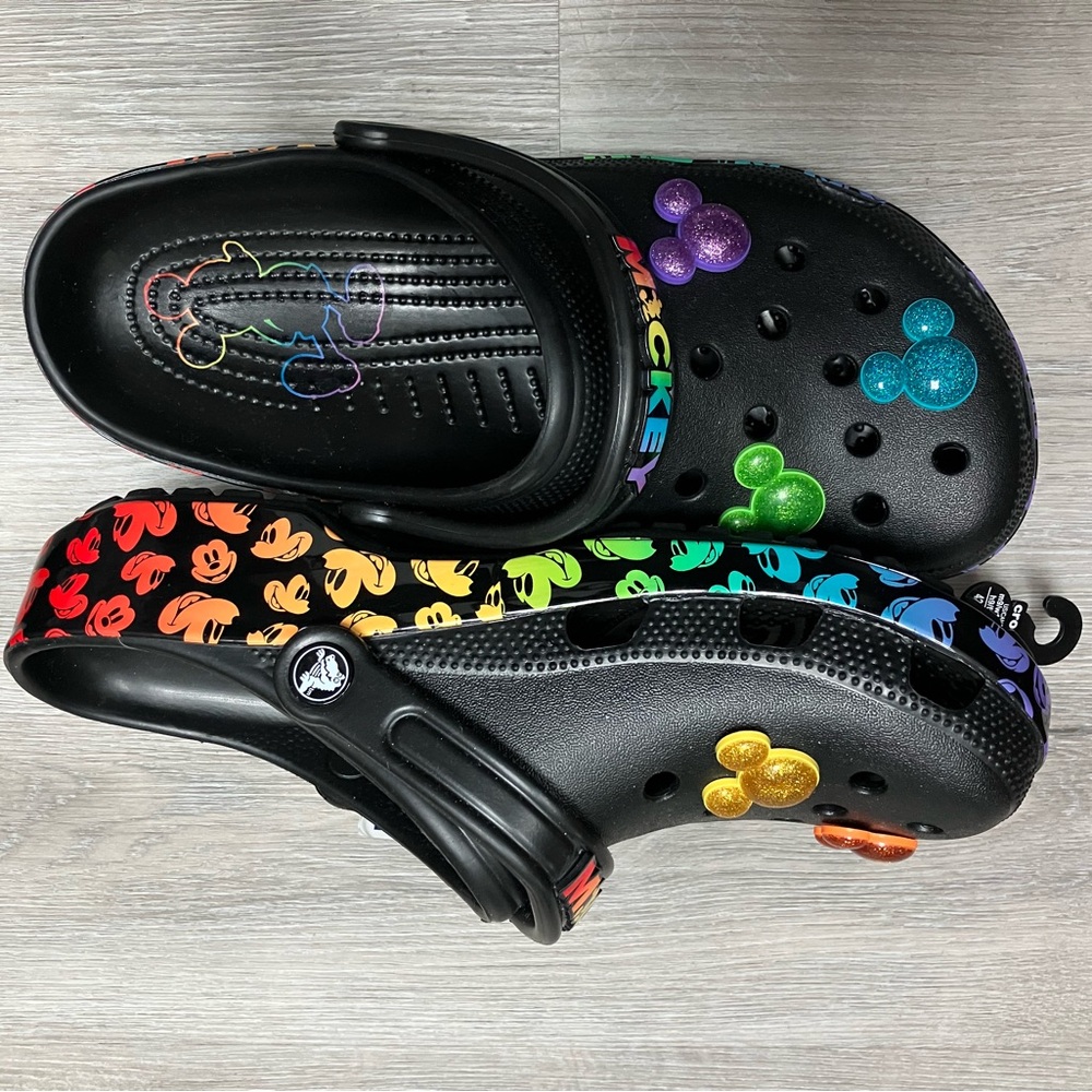 CROCS Disney Rainbow Clogs - Black with Rainbow Mickey Accents NWT   M/9 W/11